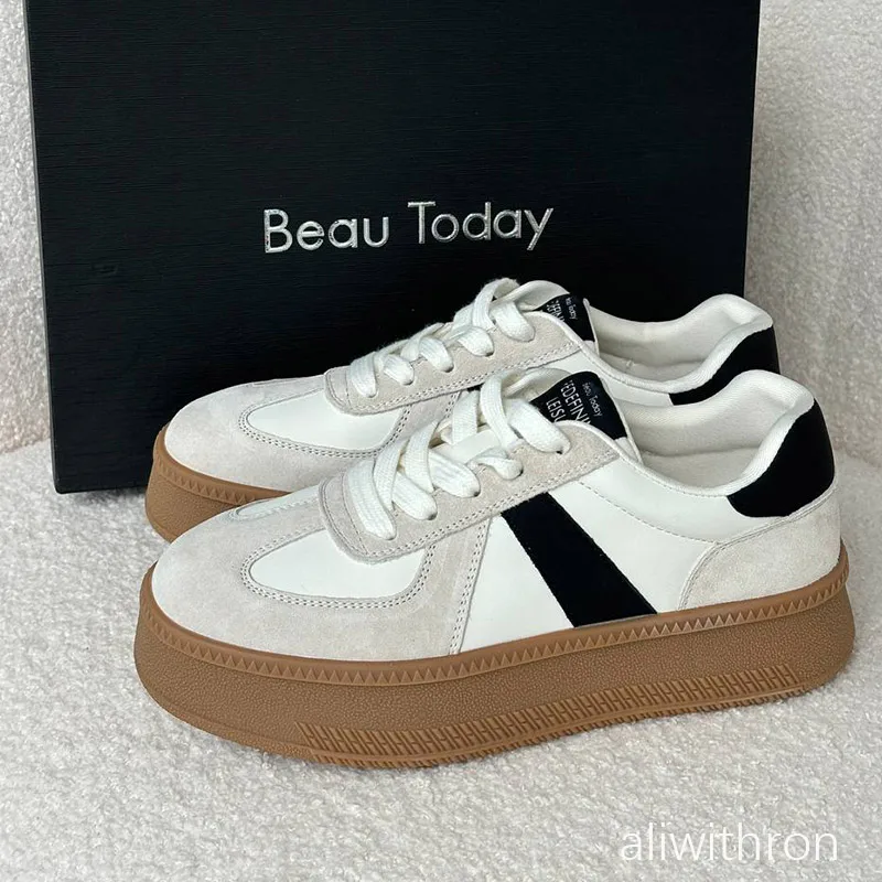 Sport Shoes Women Breathable Pigskin Mixed-colors Lace-up Style Round Toe Ladies Shoes Handmade BEAUTODAY
