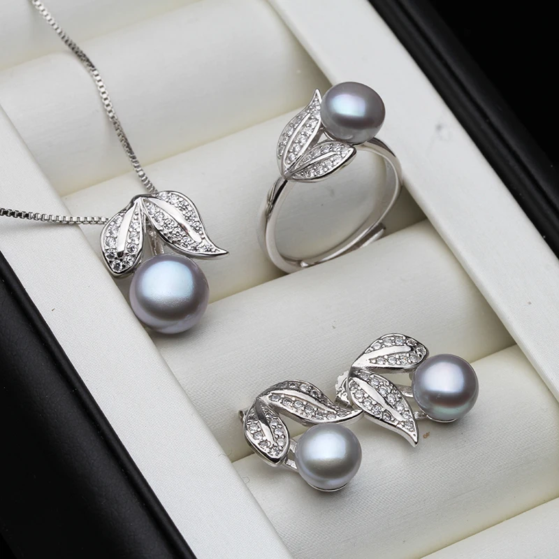 Real Pearl  ring Necklace Earrings For Women,Natural Freshwater White Pearl Jewelry Set 925 Sterling Silver Jewelry Sets Gift - 4
