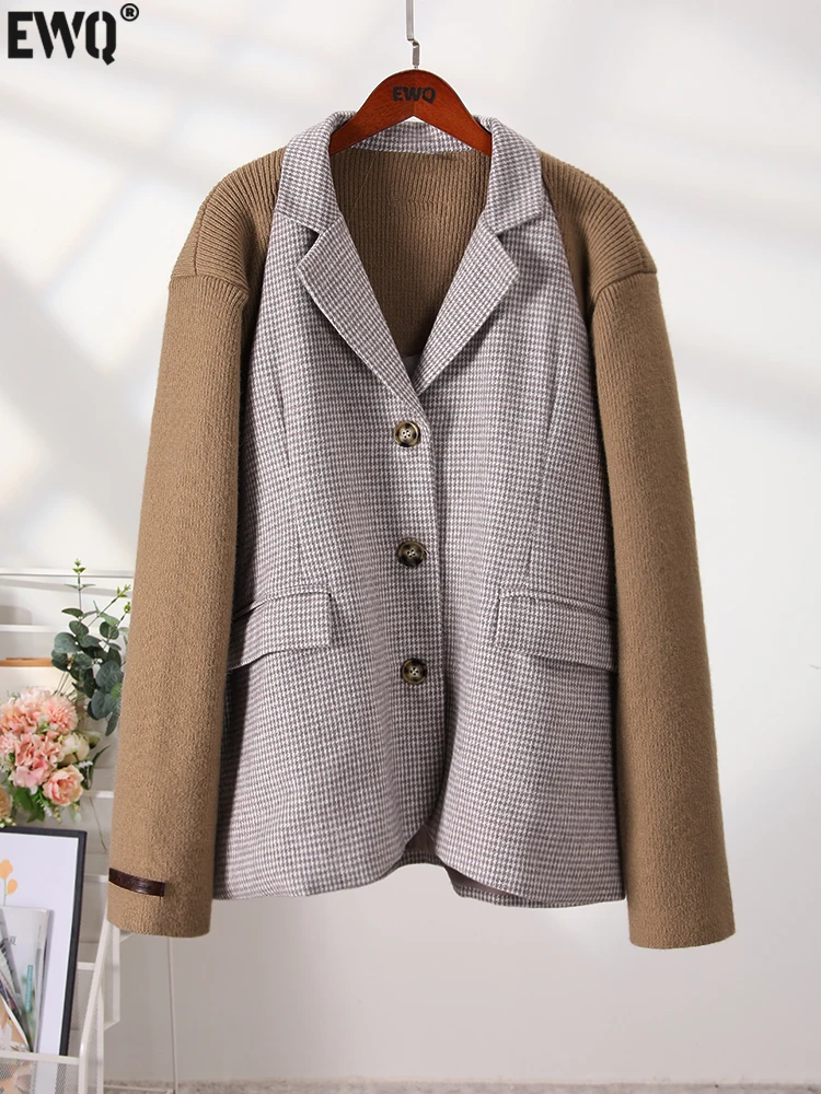 

[EWQ] Knit Splicing Design Long Sleeved Women Clothing Plaid Pockets Long Sleeve Khaki Blazer Suit Coat 2023 Autumn Winter U5886