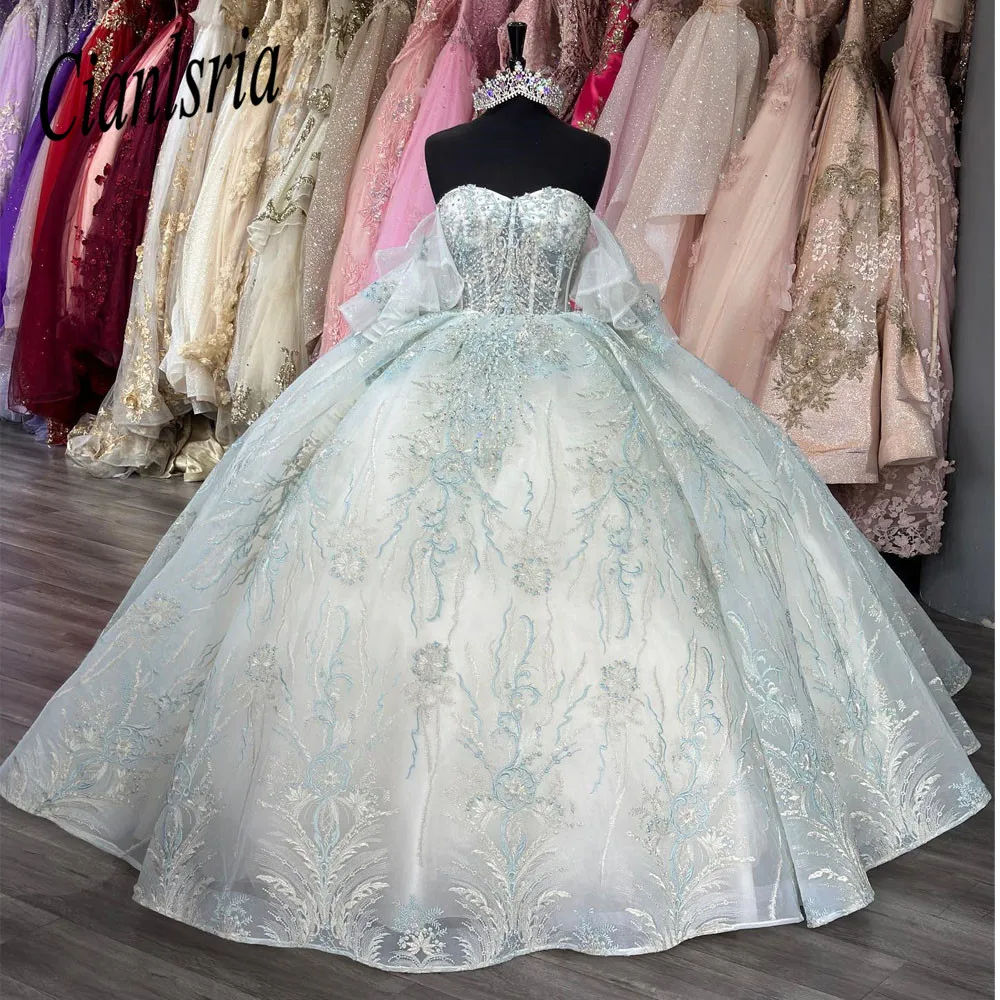 

Ball Gowns Quinceanera Dress Beaded Applique Prom Dress Lace With Detached Sleeves Sweet 16 Princess Party Formal Birthday Dress