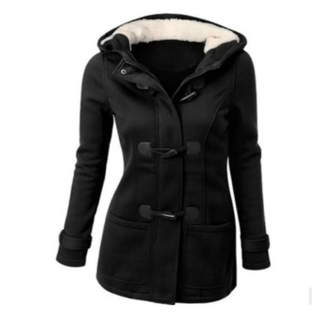 

Hooded Cotton Blend Classic Horn Leather Buckle Coat Jacket Cotton Coat Women