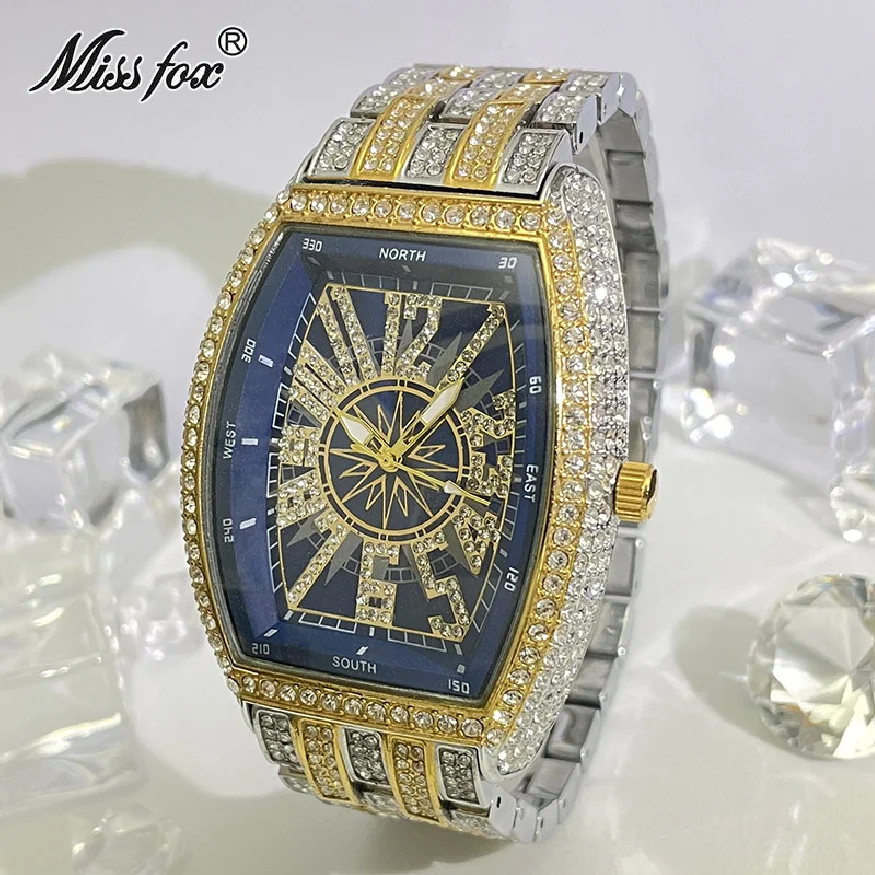 

New Iced Watch For Men Luxury Moissanite Fashion Quartz Wristwatches Waterproof Tonneau Jewelry Clocks Male Free Shipping Reloj