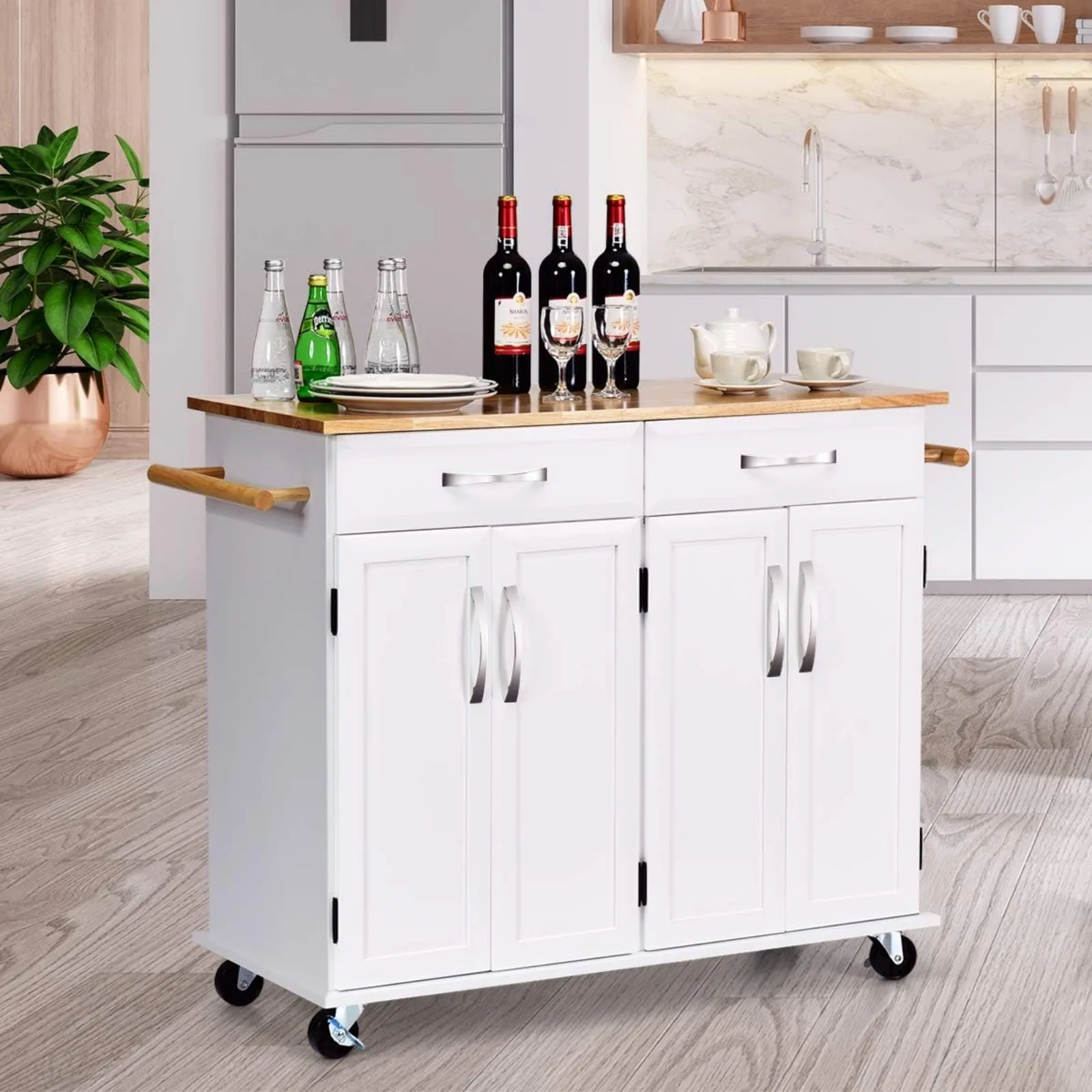 US Kitchen Trolley Cart, Rolling Utility Island w/Rubber Wood Top, Large Storage Easy-Clean with Smooth