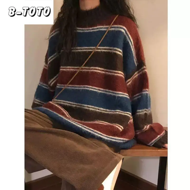 

B-TOTO Jumper Harajuku Knitwear Women's Oversized Striped Knitwear Streetwear Vintage Splicing Sweater Korean Casual Pullover