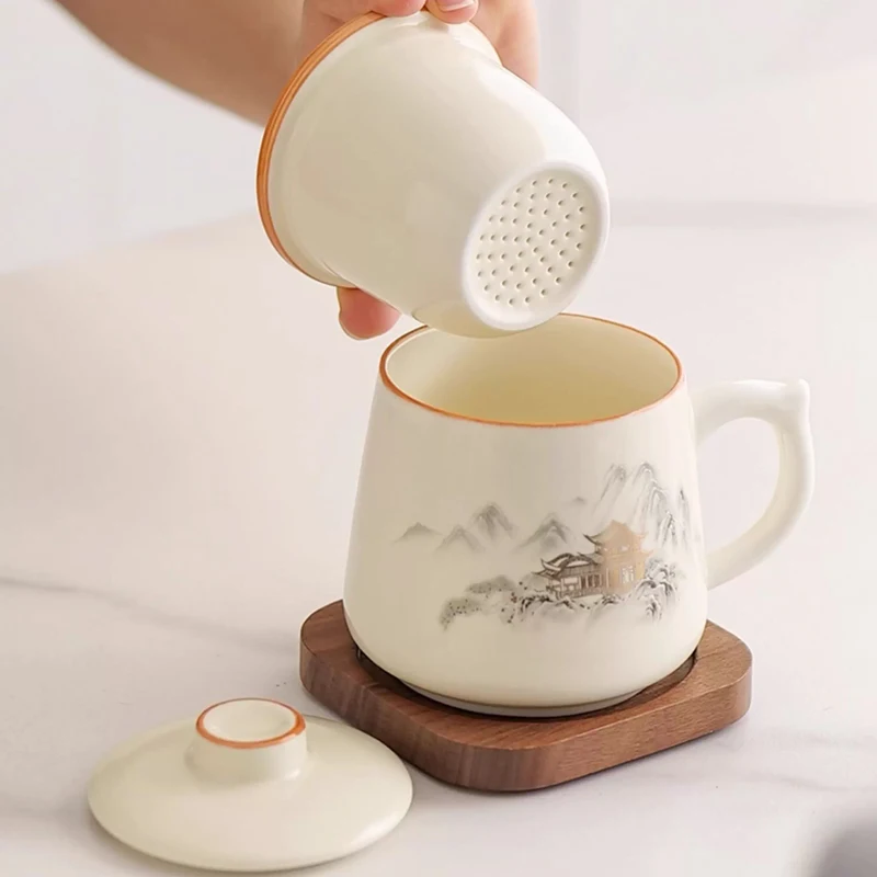 Chinese Style Ceramic Cartoon Floral Pattern Mug, Personal Creative Teacup, With Cover Filtered Tea Water Separation, 350ml, 1Pc