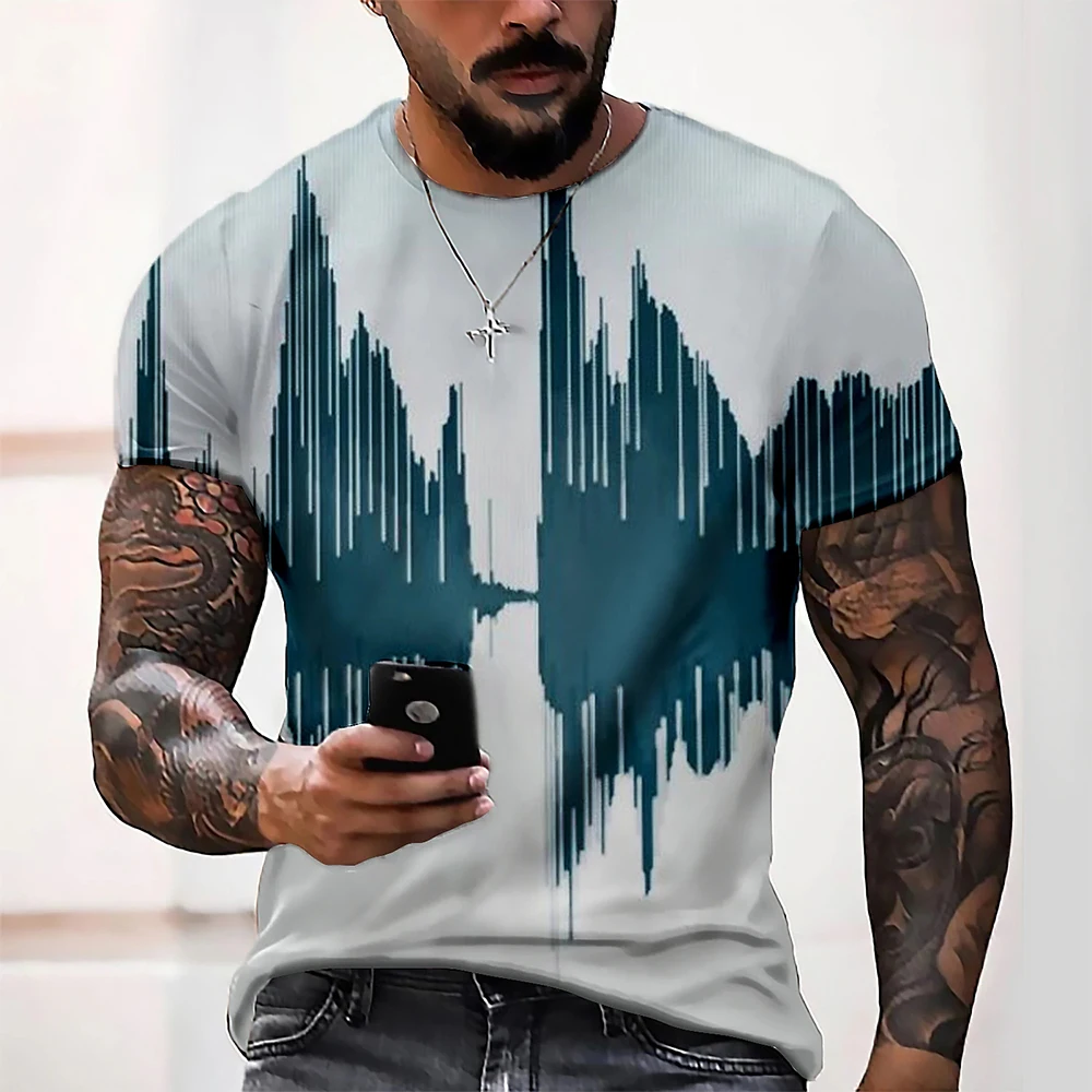 

Men's short sleeved round neck T-shirt, casual wear, black and white, gradient color, 3D graphics, street clothing