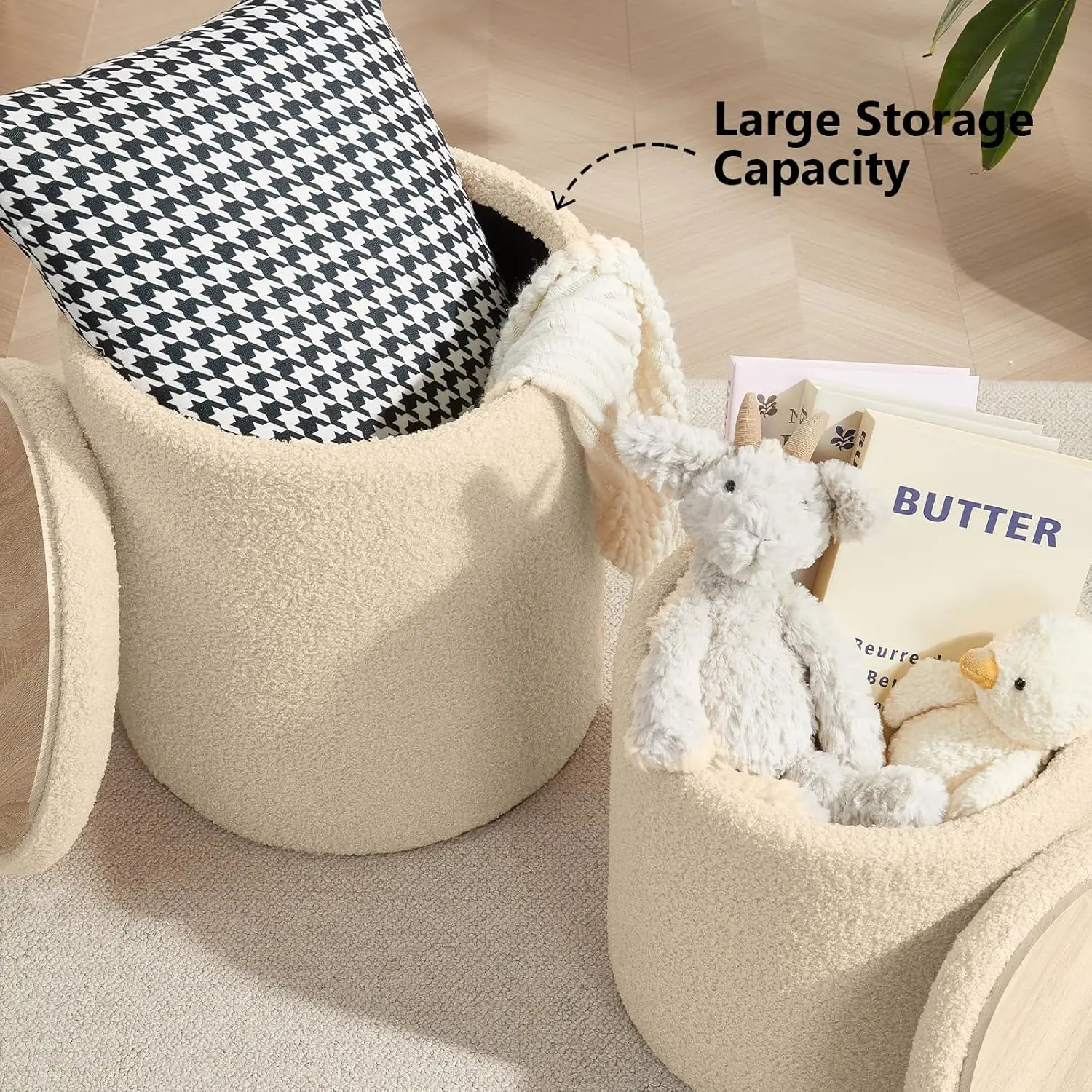 Boucle Round Ottoman with Storage Set of 2,Small Foot Stool Ottoman for Living Room, Small Coffee Table ,Vanity Stool with