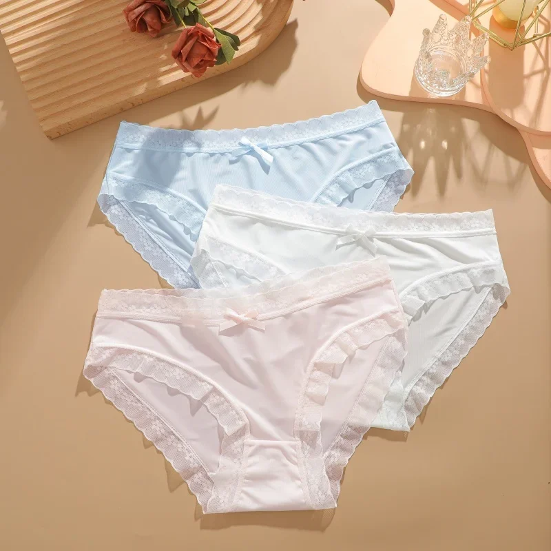 3Pcs/Set Women Ice Silk Sexy Lace Seamless Briefs Comfortable Stretchy Semi Sheer French-Cut Panties Women Underwear Breathable
