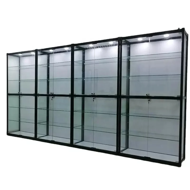 커스텀 풀 뷰 알루미늄 프레임, 잠금 가능한 수직 Vitrine 디스플레이, LED 조명 유리 디스플레이, 쇼케이스 캐비닛