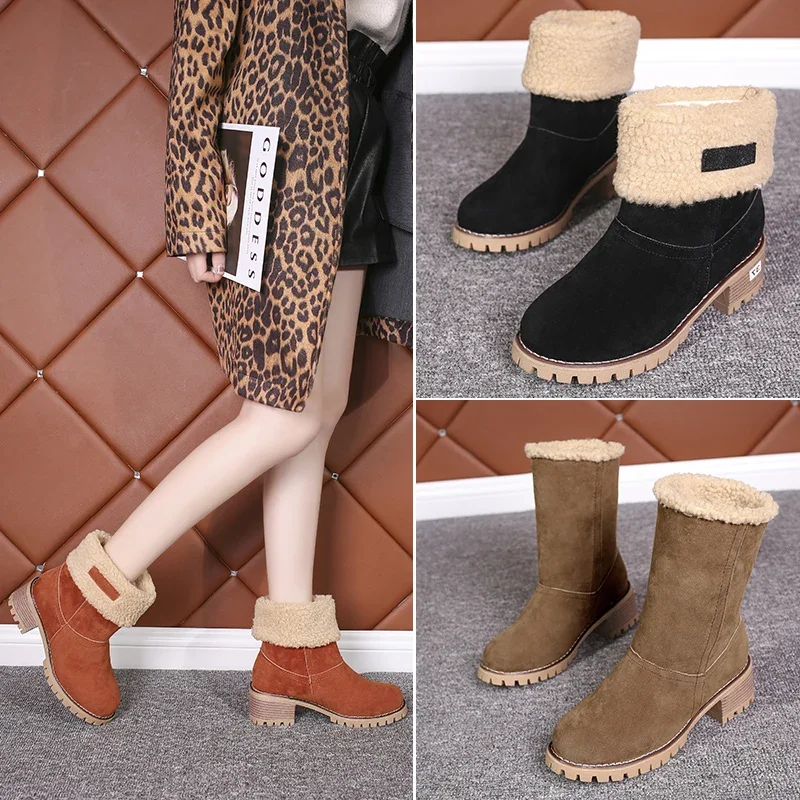 Women Winter Fur Warm Snow Boots Ladies Warm Wool Booties Ankle Boot Comfortable Shoes Turned-over Edge Casual Women Mid Boots