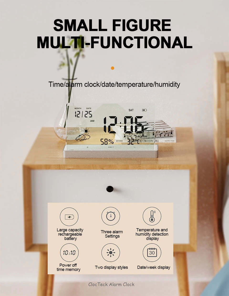 Description Picture 6 of itemCreative Transparent Digital Clock Temperature/Humidity/Date/Weather Display Electronic Table Alarm Clock Desktop Decor Ornament