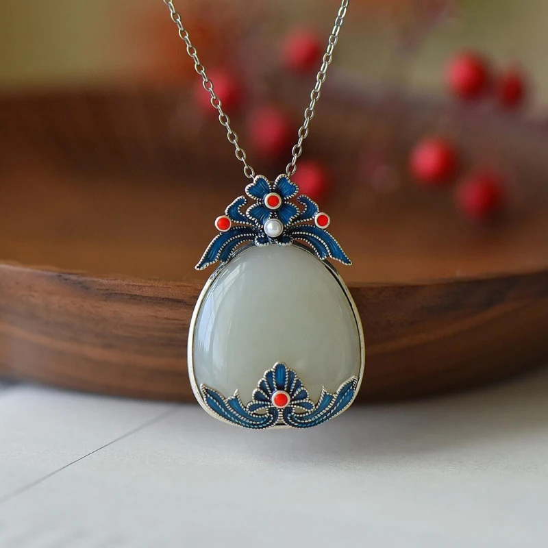 

Natural Hetian Jade Water Drop Ethnic Wind Necklace Classic Vintage Enamel Porcelain Pendant Ladies Silver Jewelry Gift