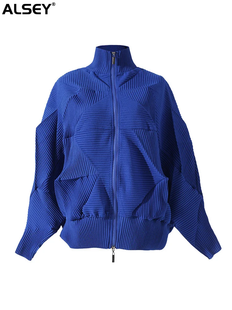 

ALSEY Miyake Pleated Zipper Jacket Senior Sense Fashion Temperament Women New Handmade Bud Bat Sleeve Section Cardigan Tops