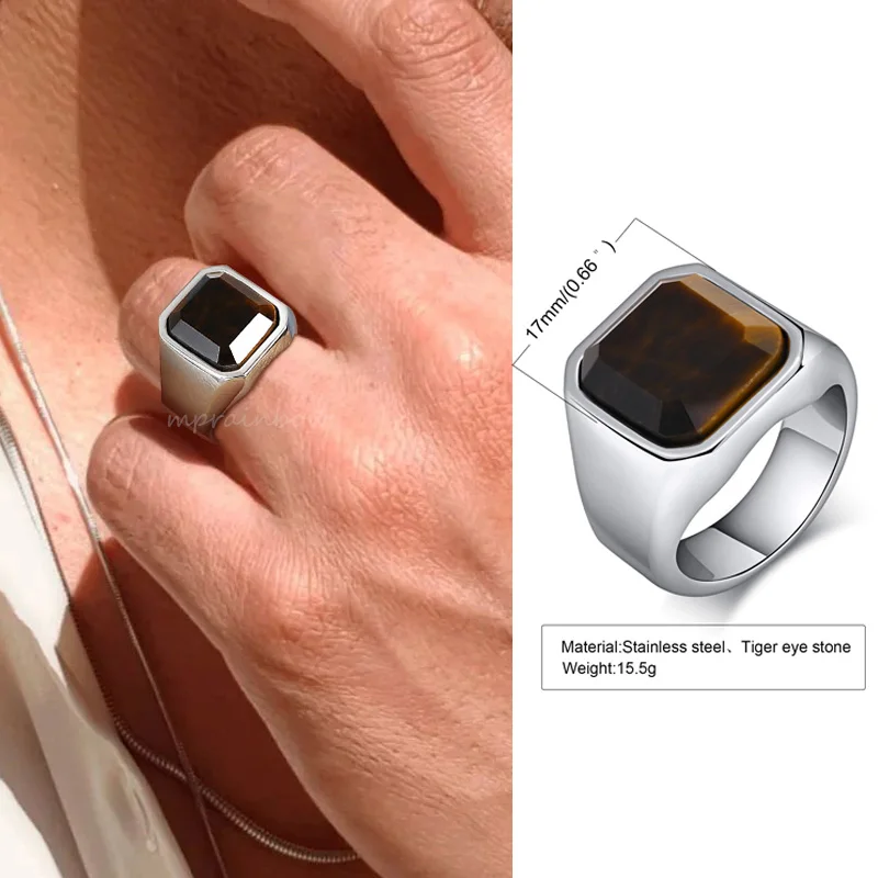 Men's Stainless Steel Tiger Eye Stone Ring - Silver Rectangle Ring, Sizes 8-13