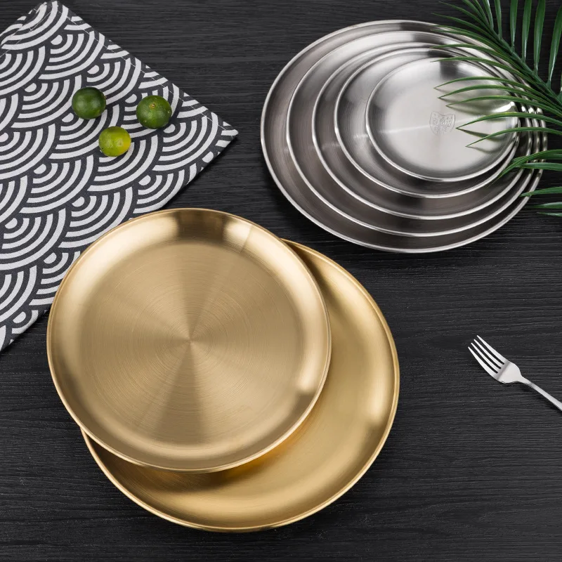 

304 Stainless Steel Plate Ins Cafe Tray Korean round Plate Dinner Plate Bone Dish