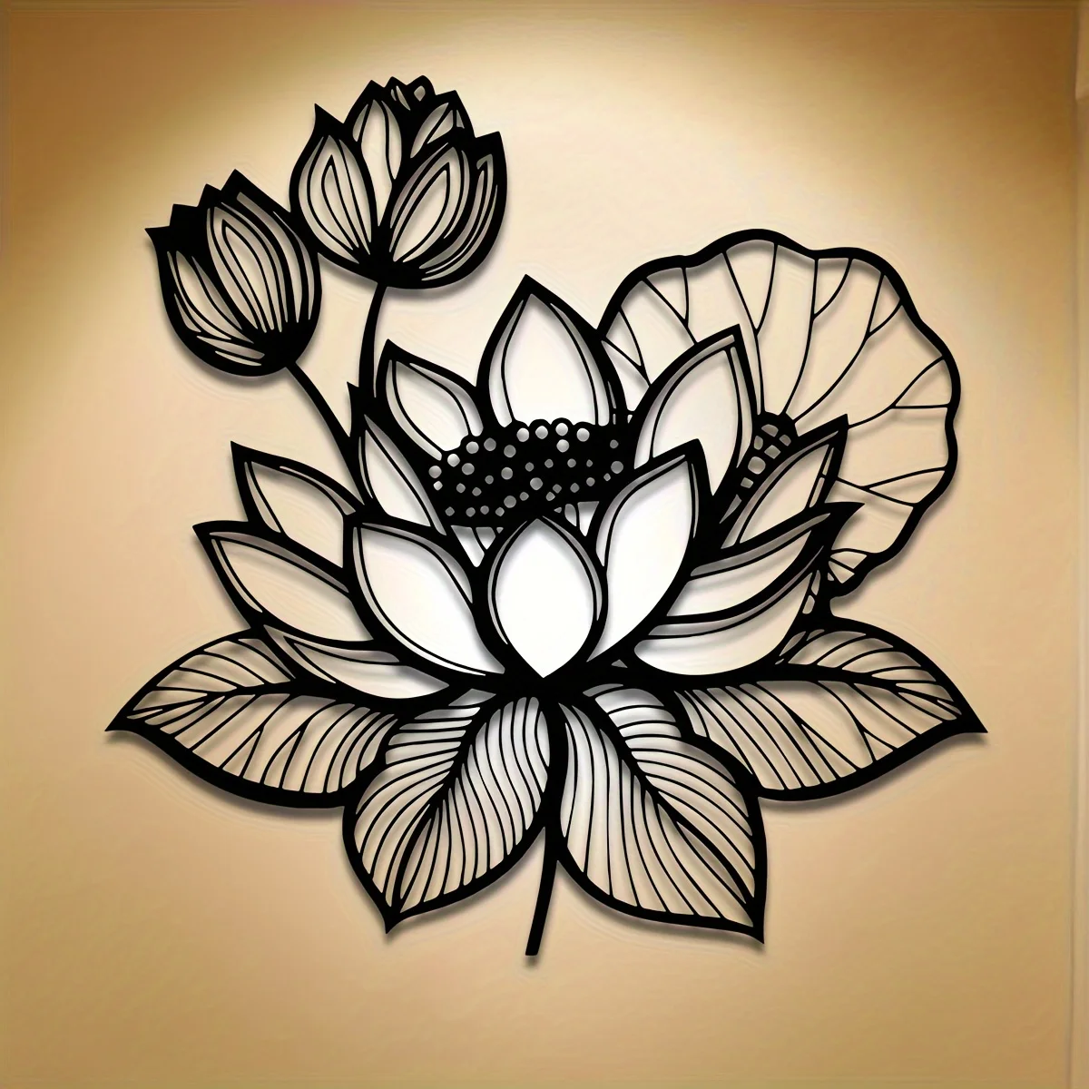 Elegant Black Lotus Sculpture with Berries and Leaves, Premium Hollow Metal Craftsmanship for Home and Garden Decor