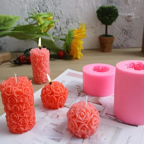 

3D Cylinder Rose Candle Wax Mold Handmade Aromatherapy Candle Making Silicone Mould Soap Resin Cake Baking Molds Home Decoration