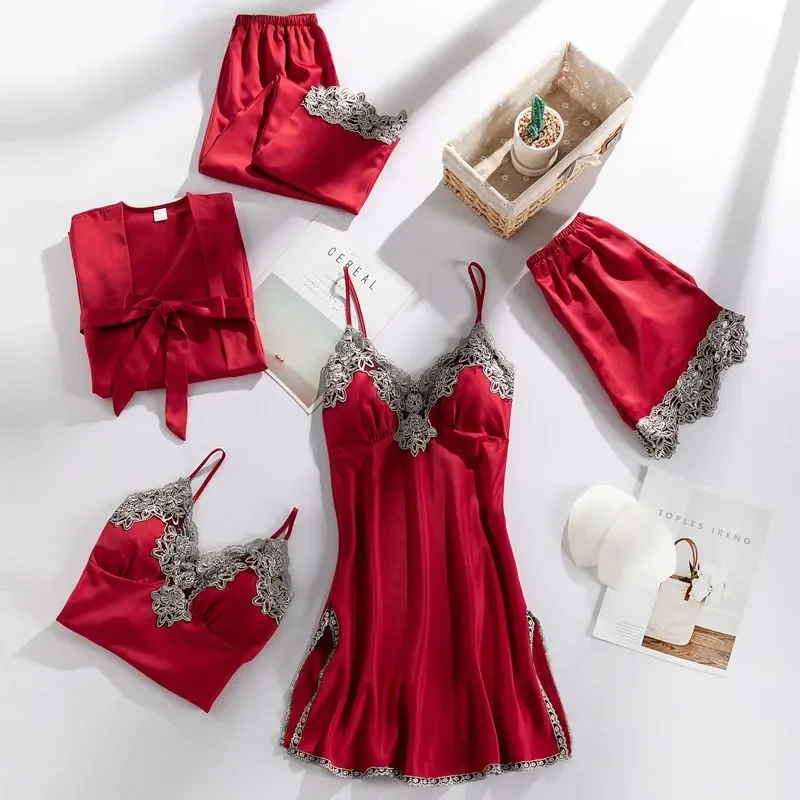 طقم بيجامة حرير 5 قطع دانتيل