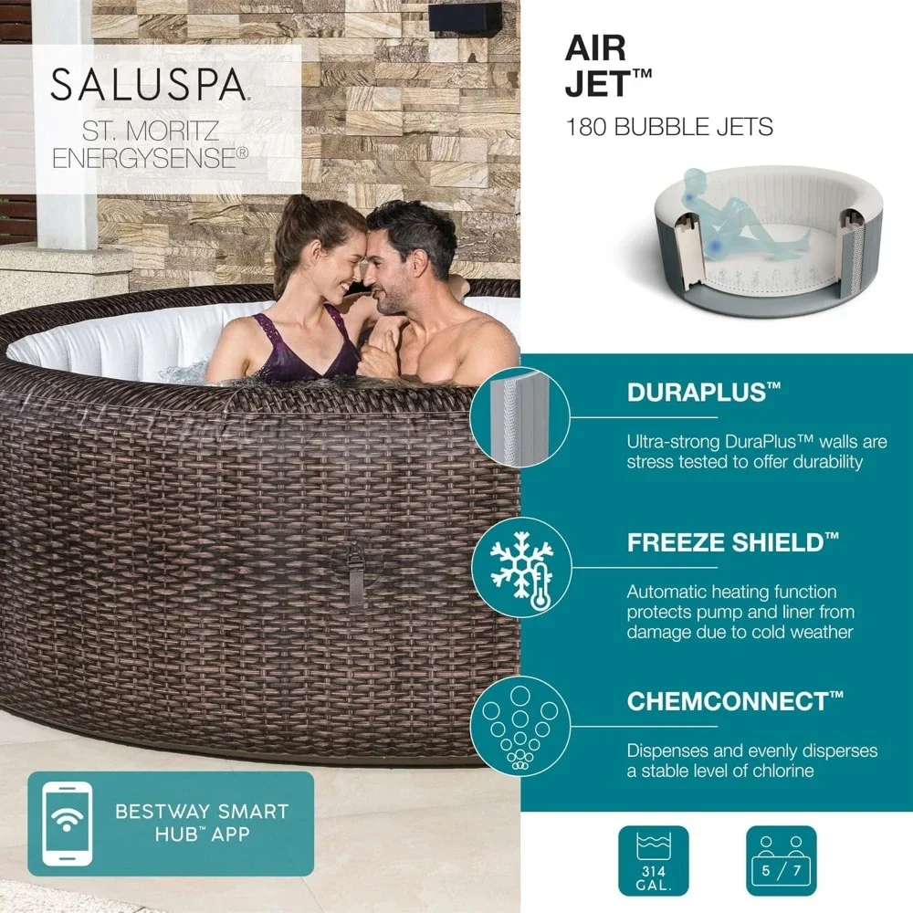 5 To 7 Person Inflatable Hot Tub Round Portable Outdoor Spa with 180 AirJets and  Energy Saving Cover, Bathtubs 2