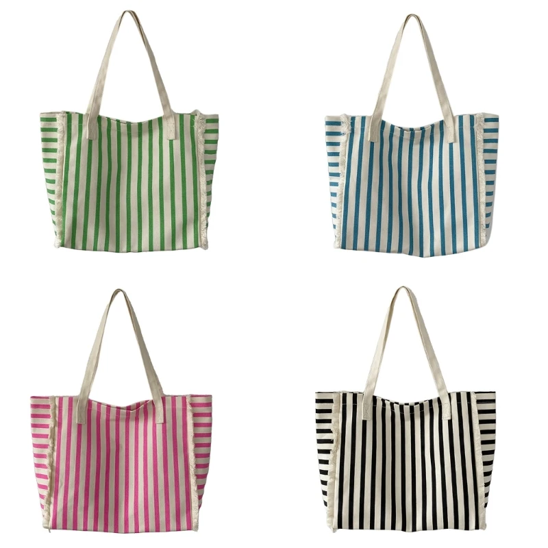 Modern Striped Student Canvas Bag Versatile Shoulder Tote for Books & Supplies E74B