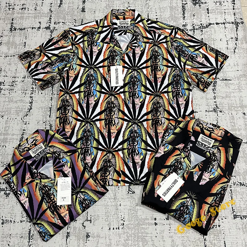 

Hip Hop Loose Hawaii Beach Wacko Maria Lapel Short Sleeve Shirts Men Women Summer Thin Maple Leaf Full Print Shirt With Tag