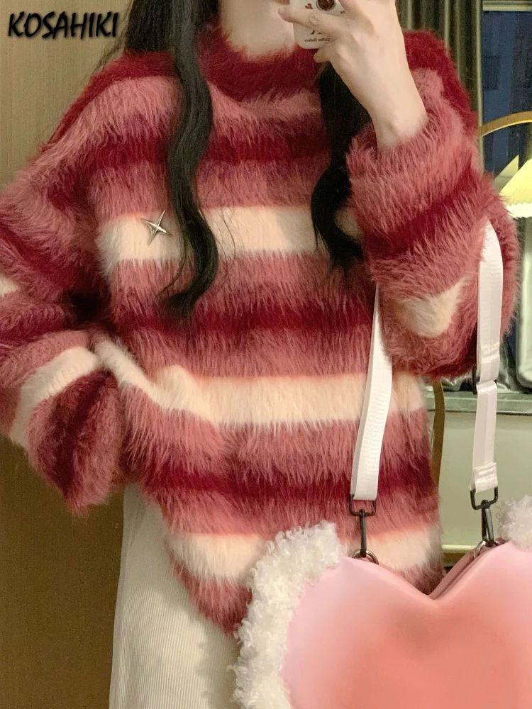 

2022 Y2k Aesthetic Red Mohair Soft Women Sweater Striped Grunge Autumn Harajuku Loose Pull Femme All Match Japanese Sueter Mujer