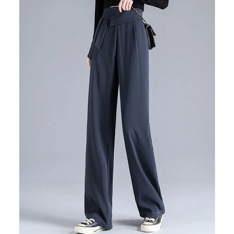 Korean Button Spliced High Waist Casual Suit Pant Women's Clothing Summer Fashion Commute Solid Wide Leg Trousers for Female