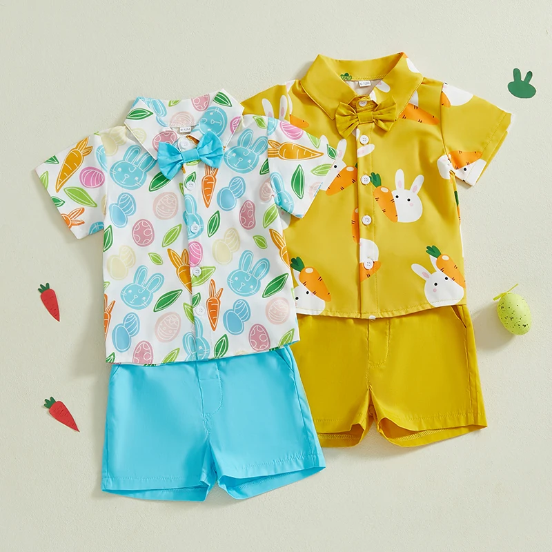 Tregren infant baby boy Easter outfit short sleeve lapel bunny carrot print tops + shorts 2pcs sets toddler gentlemen clothes kids clothing set kids t shirt boys clothing set