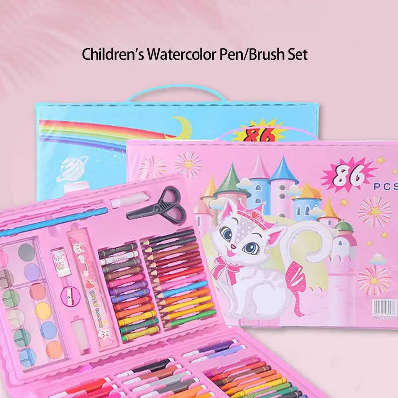 Pink Blue Children Painting Drawing Brush Set Graffiti Paint Toys Watercolor Pen Art Learning Stationery Box Kids Toy 86Pcs/set