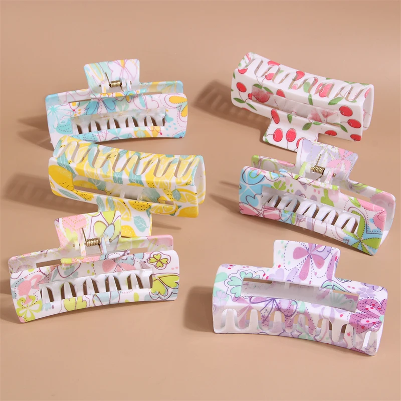

2PCS Women Hair Claws Elegant Acrylic Hairpin Flower Print Hair Clips Large Geometry Headwear for Girl Hair Accessories