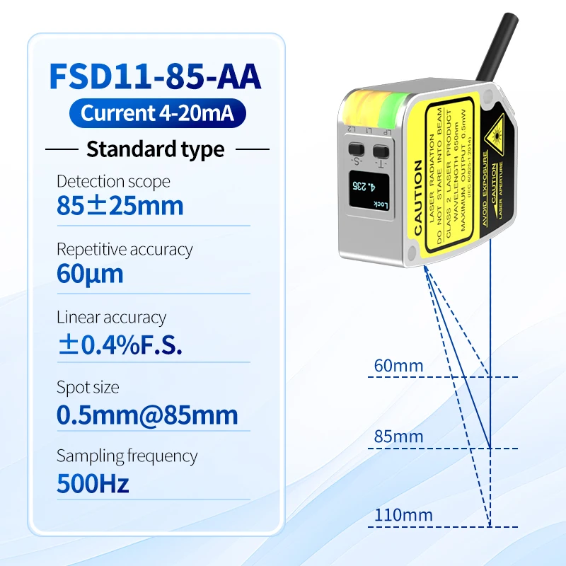 

FSD11-85-AA Analog 4-20mA High Accuracy 0.01mm Measurement Thickness Laser Displacement Sensor