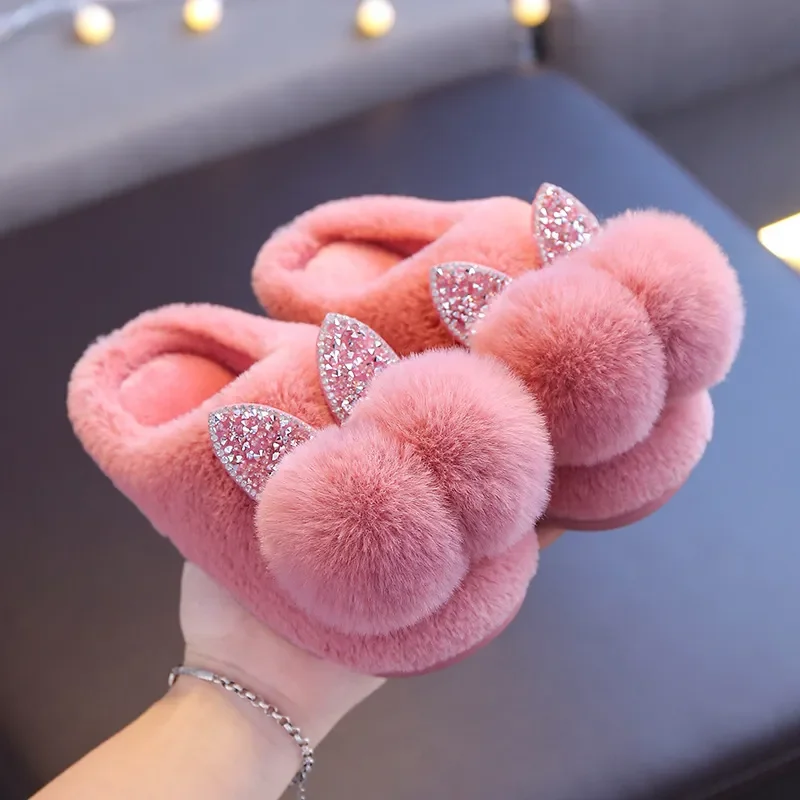 Baby Girls Cotton Slippers 2022 New Winter Children's Shiny Sequins Fur Slippers Boys Home Indoor Shoes Anti-slip Kids Slippers 5