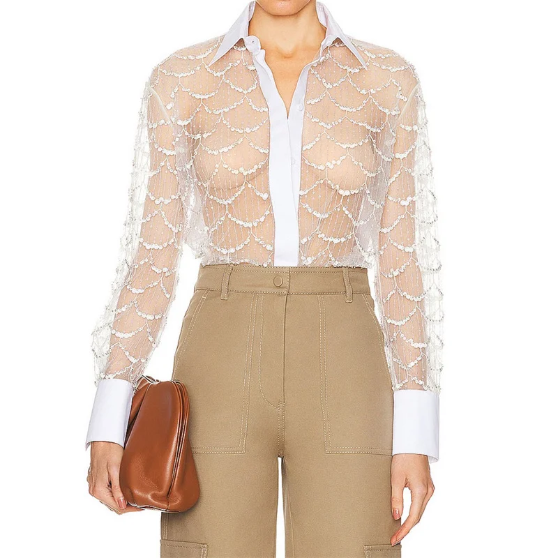 

Женская рубашка, Новинка лета 2024, украшенная блестками, Топ с длинным рукавом, корейская мода, приталенная полупрозрачная женская блузка y2k