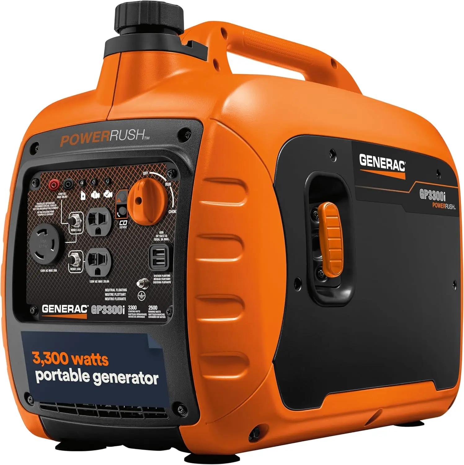 3300 Watt Gas Powered Portable Inverter Generator Lightweight Design USB Ports for Mobile Device Charging CO sense Technology