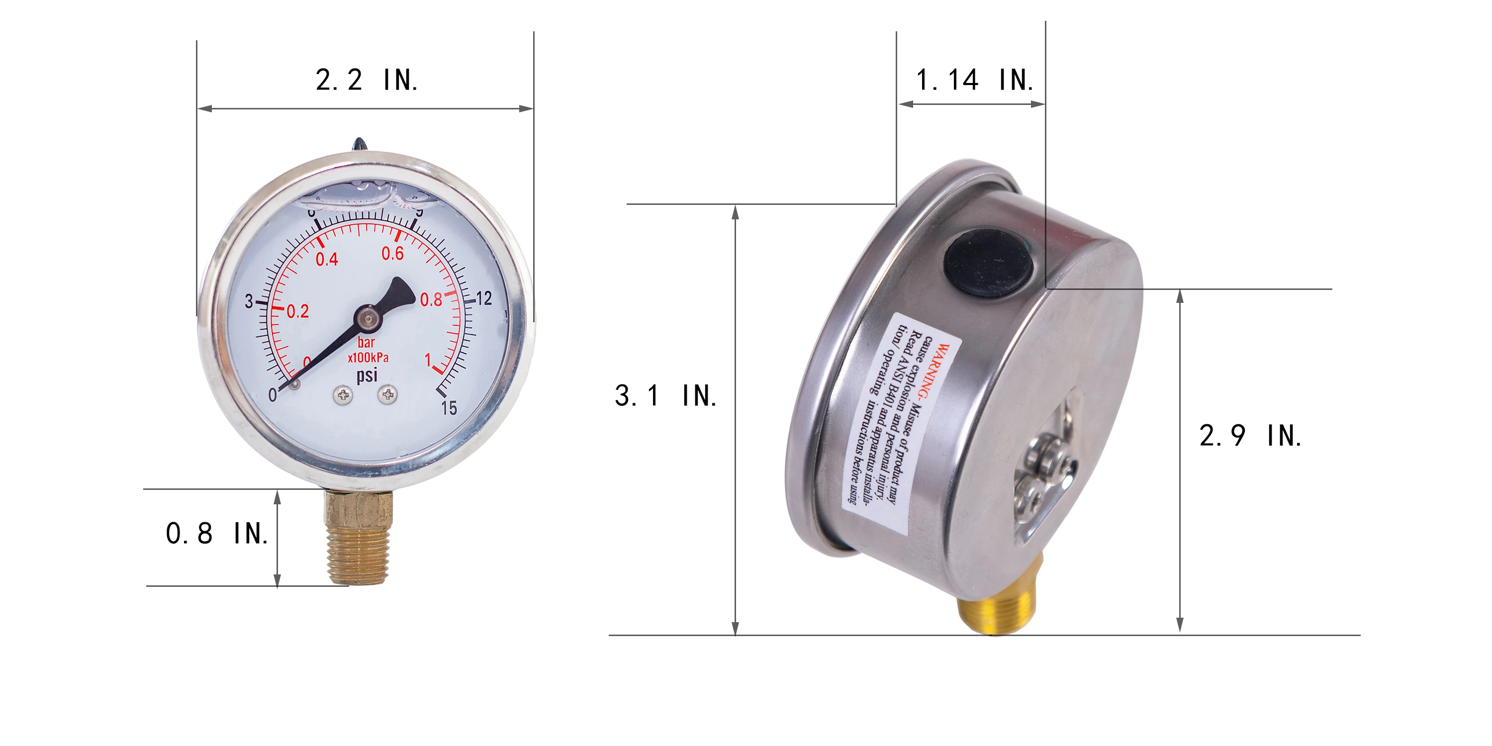 Glycerine Filled Compound Pressure Gauge 2 Inch Dia 1/4 NPT Lower Mount -30 InHg-30,30, 60,100,160, 200,300,600 Psi & Bar