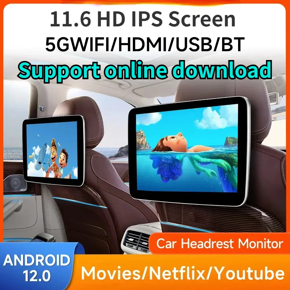 11.6''/10.1'' Android 12 2G+32G Car Headrest Monitor IPS TV Display RCA AV Wifi Mirroring Car Rear Seat Screen Video Player