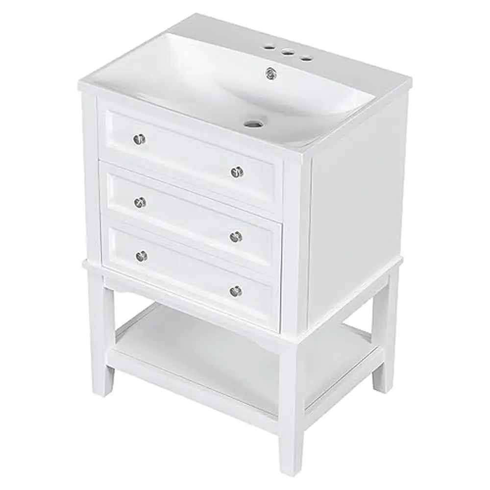 Description Picture 6 of item24" White Bathroom Vanity Set with Ceramic Sink Drawer Open Shelf Freestanding Cabinet Storage