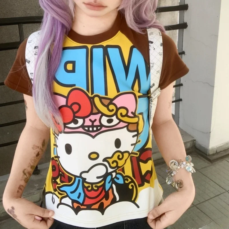 New Hello Kitty Kawaii Anime Fashion Short Tops Y2k Summer Cute Tees Cartoon Printed High Street Gothic Short Sleeve T-shirts