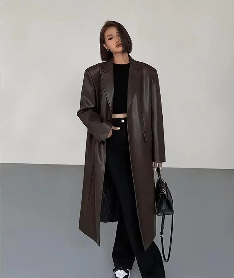 Women Leather Long Jacket Trench Oversized Faux Leather Blazer Button Down Lapel Coat with Pockets Down Shirts/Coats Work Office