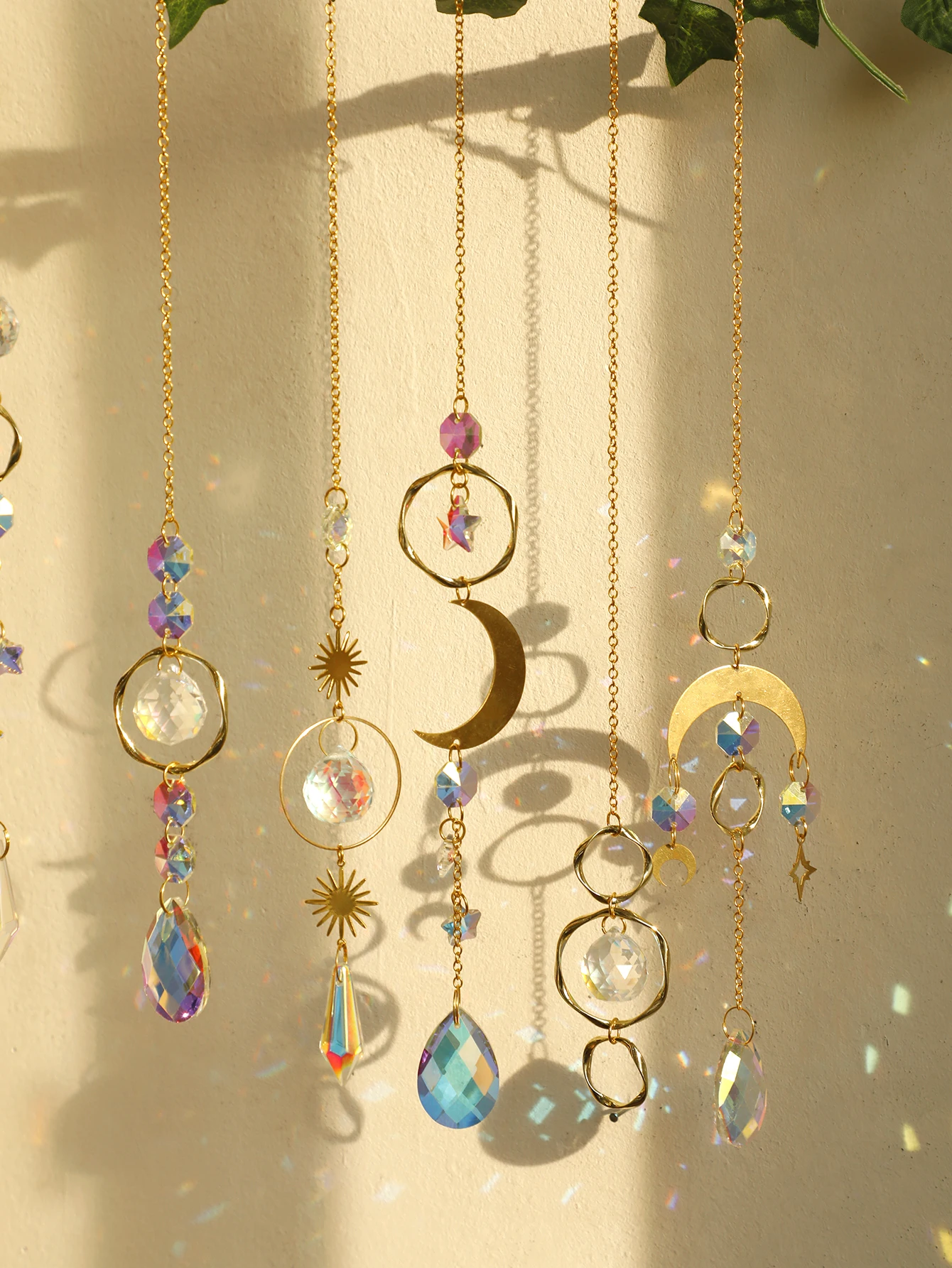 Crystal Sun Catchers Moon Star Hanging Decoration Prism Rainbow Maker Teardrop Chandelier Yard Garden Wind Chimes Outdoor Decor