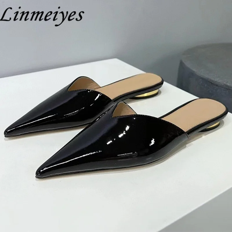 

New Low Heels Slippers Women Pointed Toe Crocodile Lines Mules Shoes Female Summer Genuine Leather Runway Show Slides Woman