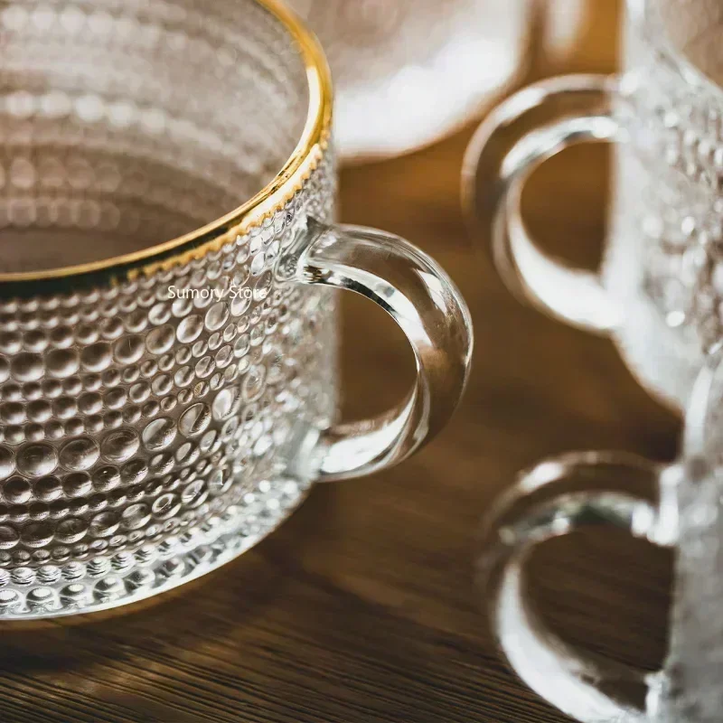 Drinking Glass Nordic Style Retro Embossed Glass Cups Sunflower Transparent Coffee Cup Pearl Milk Tea Cold Drink Juice Mug with Gold Line