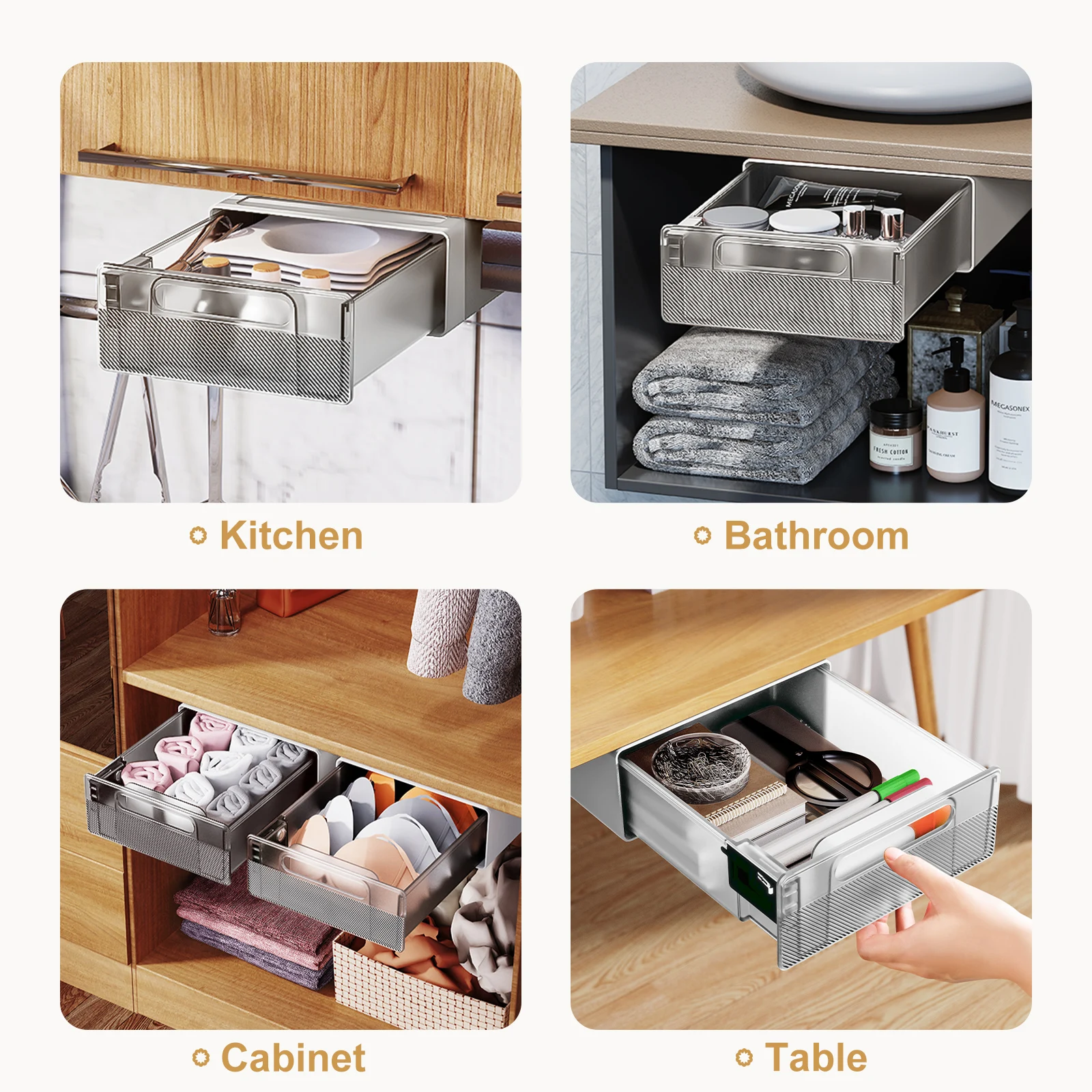 Eary Under Desk Drawer Organizer No-Punch Strong Sticky Under Table Hidden Storage Box with Induction Night Light Grocery Storage, storage drawer boxes