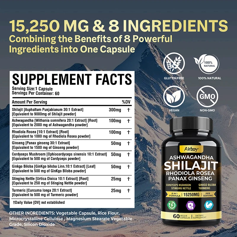 Ashwagandha, Shilajit, Rhodiola, Ginseng Capsules - Increase Muscle Mass, Improve Endurance, Energy Supplement 2