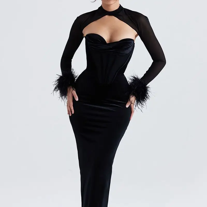 

Fashion Sexy Women's Bandage Dresses Elegant Wedding Dress Feather Cuffs Party Club Dress Outfit Celebrity Designer S3716