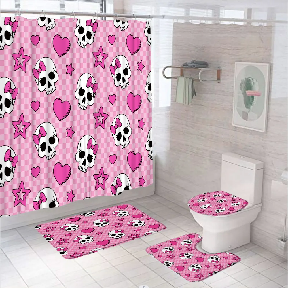 Pink Heart Skull Shower Curtain Sets Bathroom Decor Halloween Star Bowknot Plaid Flannel Non-Slip Rug Toilet Seat Cover Bath Mat