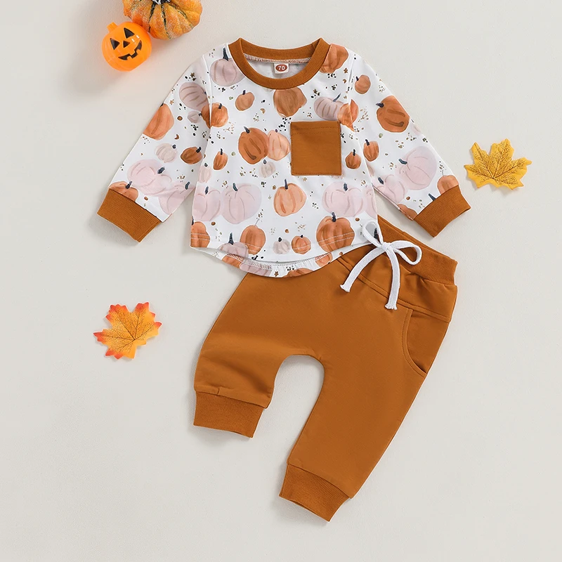 

2023-07-06 Lioraitiin 0-3Years Toddler Baby Boy 2Pcs Halloween Outfits Long Sleeve Pumpkin Print Tops Long Solid Pants Set