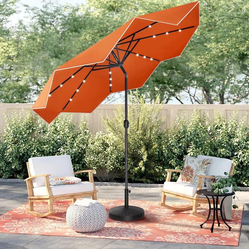 10FT Solar LED Outdoor Market Patio Umbrella With Easy Tilt Adjustment, Orange