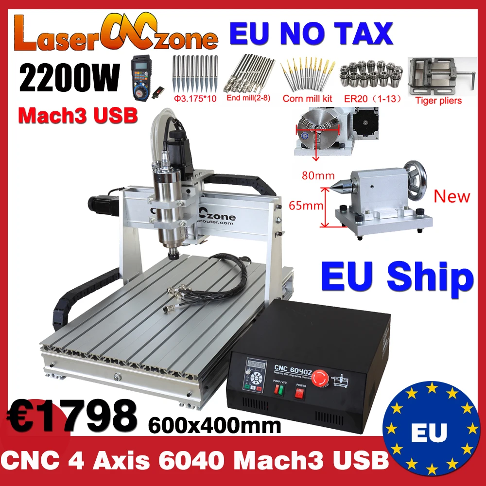 

4 AXIS CNC 6040 2.2KW MACH3 USB 2200W CNC Router Milling Drilling Cutter Engraver for Wood Working Machine EU Ship EU warehouse