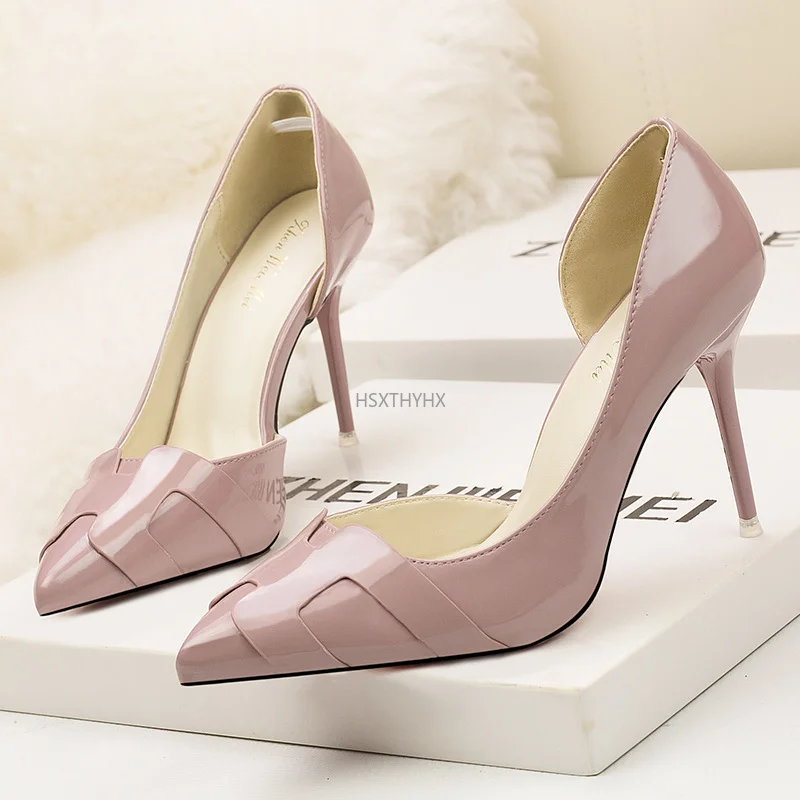 

2022 New Show Thin Women High Heels Shoes Patent Leather Fashion Pumps Woman Side Cut-Outs Shallow Ladies Office Shoes 8 Colors